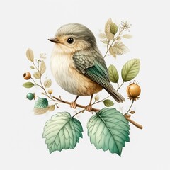 Cute Illustration of a Small Bird on a Branch with Leaves and Flowers