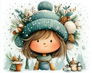 Cute Winter Girl with Festive Hat Surrounded by Snowy Decor
