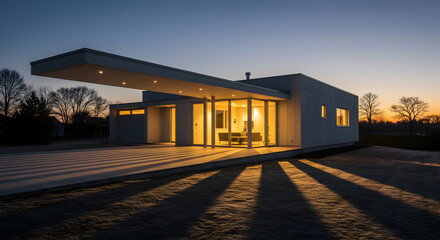 Modern Architecture Home At Dusk Showcasing Geometric Shapes And Natural Light