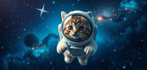 Cute astronaut cat in helmet floats amidst stars and blue nebula, celestial, space travel