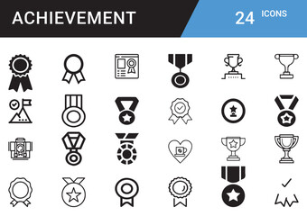 Achievement vector icons set of trophy, medal, badge, ribbon, crown, podium, certificate, success, goal, winner, champion, first place, star, reward, recognition, ambition, milestone editable Set