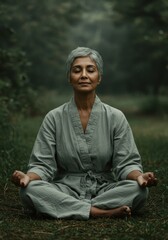Obraz premium Serene Woman Meditating in Green Forest