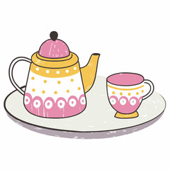 Playful Tea Set with Teapot and Cup on Tray, Illustrated in Vibrant Colors, Representing Comfort and Leisure Moments