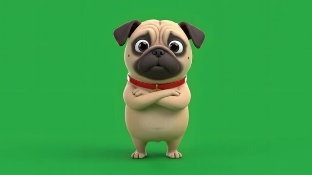 Cartoon pug with crossed arms on green background