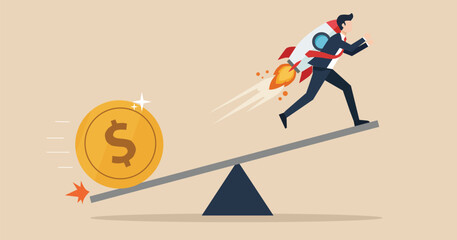 Business Rocket Launch Concept with Dollar Coin and Seesaw Balance Illustration