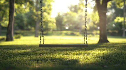 Empty Simple Swing Set Swaying Gently in Peaceful Sunlit Meadow Still Life