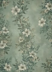 Muted green floral grunge background with faded botanical print and textured overlay, aesthetic, element