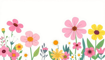 Cute cartoon hand-drawn flowers in flat vector style; spring and summer floral designs, gardening, nature,  isolated flowers, botany
