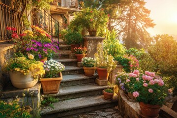 Naklejka premium Sunlit Stone Staircase Adorned with Blooming Flowers