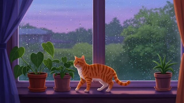 Ginger cat by window looking at landscape