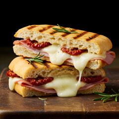 A close up of a stacked sandwich with ham, sun dried tomatoes, cheese, and rosemary on grilled bread