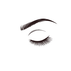 Closed eye with eyebrow and lashes, minimalist line art, black and white, for beauty branding