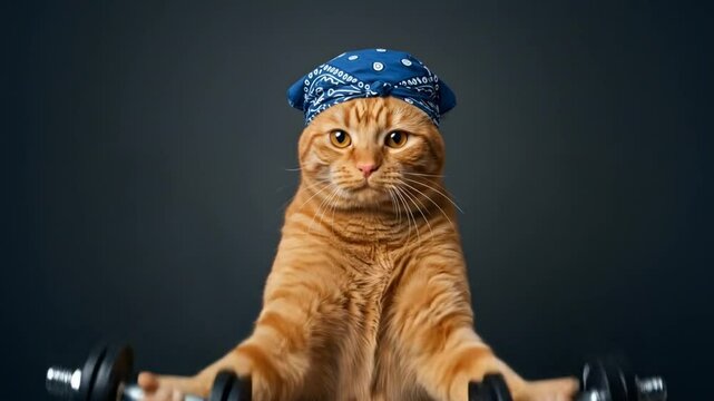Ginger cat wearing blue headband