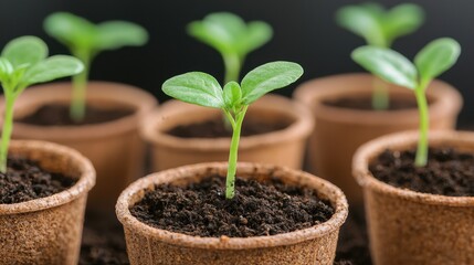 Fresh Green Seedlings Growing in Coconut Coir Pots on Dark Background