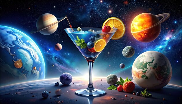 Cosmic Cocktail A vibrant martini garnished with fresh fruit floats amidst planets and stars in a stunning space scene