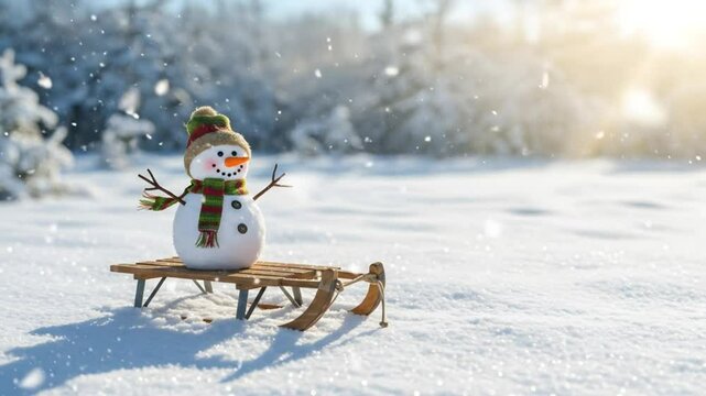 Happy snowman on sled in snowy landscape