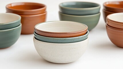 Stack of Ceramic Bowls in Various Colors and Textures on Table