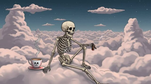 Peaceful skeleton on cloudscape illustration