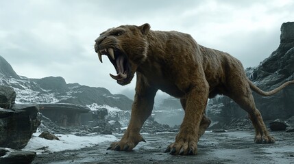 Naklejka premium Smilodon's Roar: A Prehistoric Beast in a Frozen Landscape