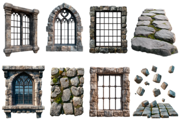 Medieval stone architecture elements including arched and barred windows, walls, cobblestone paths and scattered blocks isolated on transparent background.