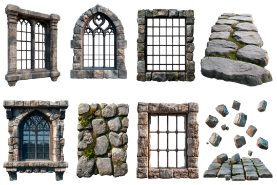 Medieval stone architecture elements including arched and barred windows, walls, cobblestone paths and scattered blocks isolated on transparent background.