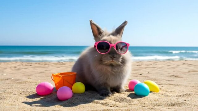 Rabbit on beach with easter eggs