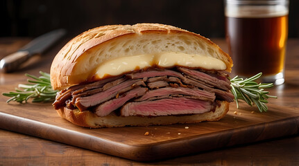 Artisanal Roast Beef Ciabatta Sandwich with Fresh Herbs - Gourmet Food Photography in Rustic Setting