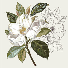 Hand drawn magnolia flower botanical illustration. Watercolor floral illustration. Flower decorative natural element. Vintage style