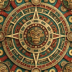 Intricate Aztec Calendar, a mesmerizing circular design featuring a central deity mask surrounded by symbolic glyphs and intricate patterns. Rich colors and textures evoke ancient artistry.