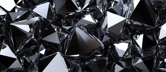 Abstract geometric pattern of multifaceted shapes,  dark silver.  Highly reflective and fragmented, resembling a cluster of crystals or metallic shards