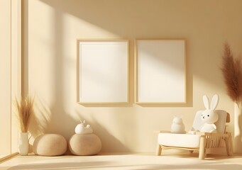 Minimalist Nursery Room Mockup with Wooden Chair and Blank Frames