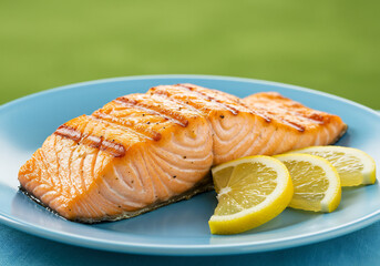 Grilled Salmon with Lemon Wedges on a Blue Plate