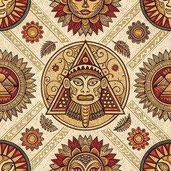 Obraz premium Intricate Aztec God Masks and Sun Symbols in a Seamless, Symmetrical Pattern. Ancient Mythology and Cultural Heritage. Detailed Artwork.
