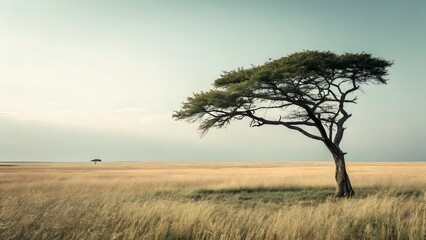 Obraz premium Serene Savanna Sunset A solitary acacia tree stands tall in a vast golden grassland under a tranquil, pale sky. The scene evokes peace and solitude.