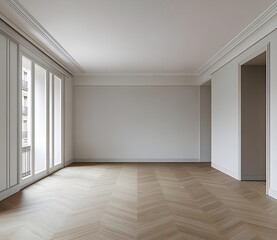 Fototapeta premium Empty Modern Apartment Interior with Herringbone Wood Floor