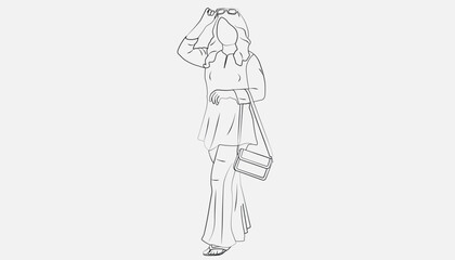 Line art illustration of a fashionable woman walking with a handbag and sunglasses. Ideal for fashion, lifestyle, shopping, urban style, and modern woman concepts.