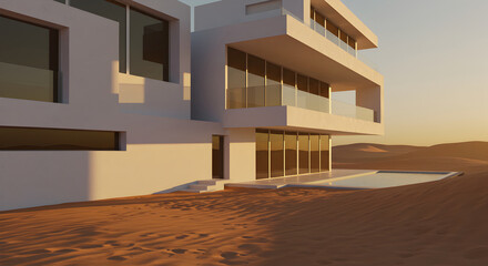 Modern Architecture Villa In Desert Scenery Against Sand Dune Landscape