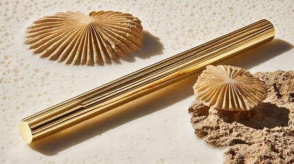 Golden Bar with Textured Fan Objects on Mottled Background, Minimalist Elegance