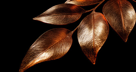 Close-up of a golden leaf branch against a black background

