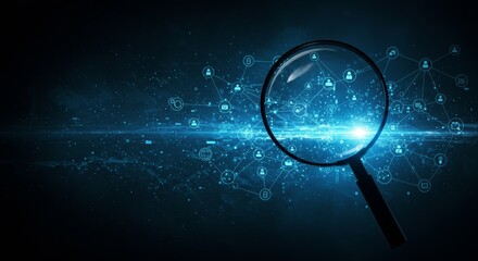 Fototapeta premium Futuristic digital background with magnifying glass and glowing network