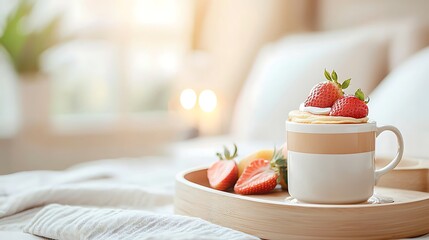Delicious breakfast treats strawberry topped coffee in cozy bedroom setting