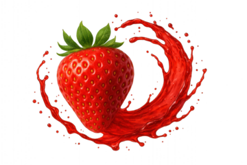 Ripe red strawberry with swirling splash of liquid, isolated on transparent background.