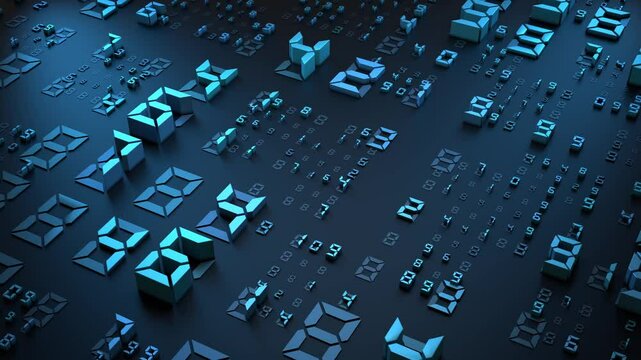 Digital clock numbers with 3D seven-segment structure and futuristic interface design 3D animation. Can be used in cybersecurity systems, stock market visualizations or modern data-driven UI concepts