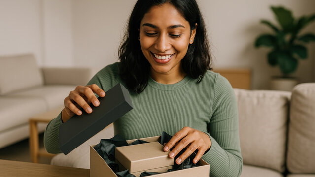Joyful woman opening gift box