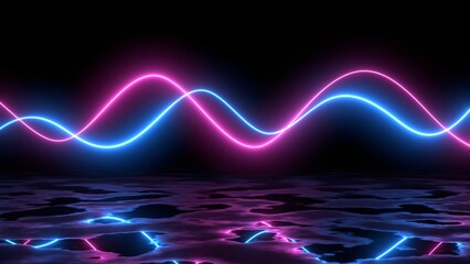 Neon sine wave oscillation pattern 3D render illustration can be used in music visualization, frequency display or futuristic interface design