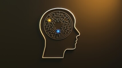 Cognitive maze inside human head silhouette representing problem solving 3D illustration. Can be used to illustrate psychological processes, decision making or mental health therapy visuals
