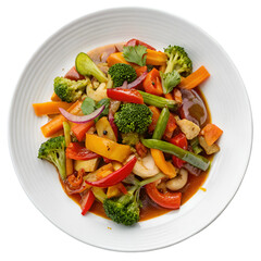 Vegetable stir fry on white plate top view isolated on white background