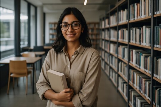 Student in library holding book. - Powered by Adobe