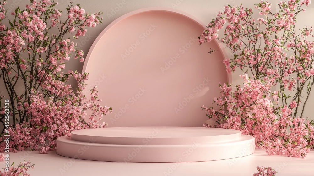 Poster a soft pink backdrop frames a circular podium adorned with blooming cherry blossoms. the delicate fl