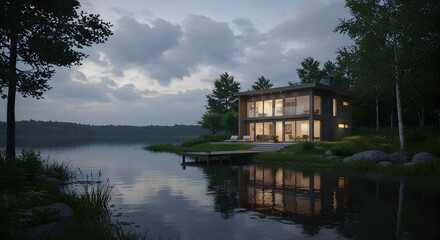 Obraz premium Modern Lakeside Retreat Home at Twilight with Peaceful Reflections